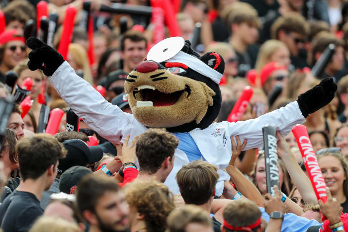 Sep 10, 2022; Cincinnati, Ohio, USA; The Cincinnati Bearcats mascot reacts after a touchdown against the Kennesaw State Owls in the first half at Nippert Stadium. Mandatory Credit: Katie Stratman-USA TODAY Sports
